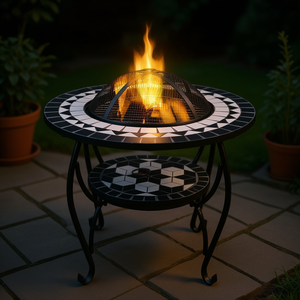 Table de foyer moderne en céramique mosaïque 26,8 po noire et blanche avec écran anti-étincelles, chauffage extérieur autonome - Product Image 2