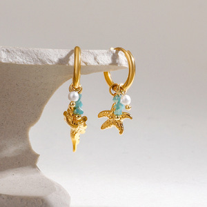 Boucles d'oreilles pendantes en acier inoxydable plaqué or avec perles, étoiles de mer et coquillages, pour femmes, bijoux tendance - Product Image 2