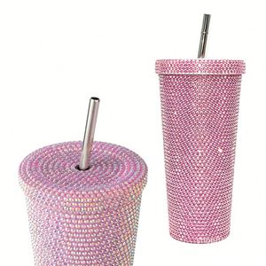 Tasses isothermes en acier inoxydable de 500 ml et 750 ml, 8 couleurs, avec paille, motif diamant uni - Product Image 1
