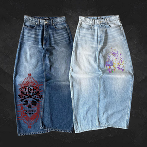 بنطال جينز فضفاض كلاسيكي بتصميم عصري قابل للتخصيص للرجال بنطال جينز بحجر مسطح بنطال واسع بنمط الهيب هوب - Product Image 3