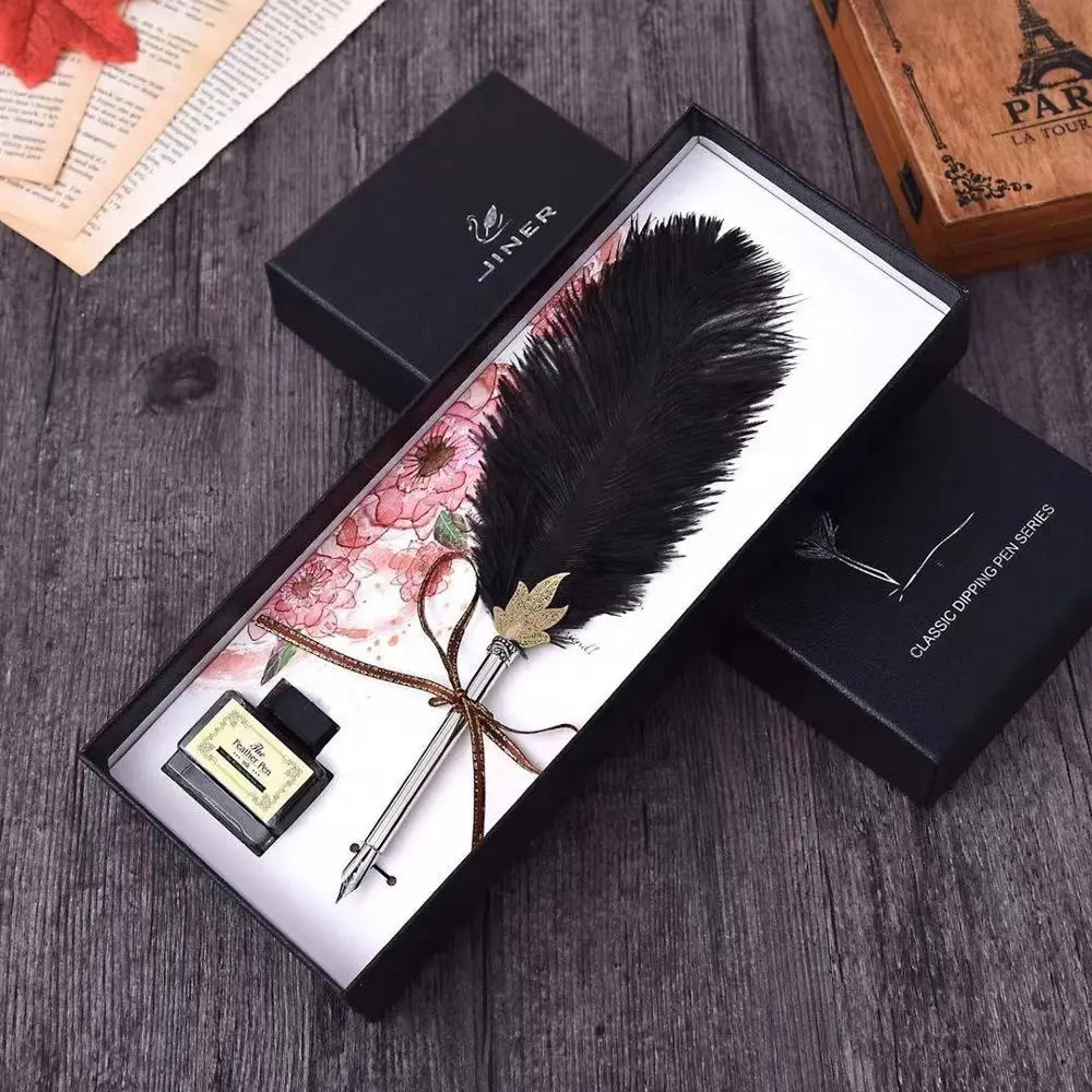 2023 novelty multi-color ostrich feather quill fluffy dip pen set with ink wedding gift pen for women