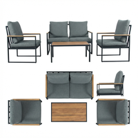 Set Sofa Outdoor Modern 4 Buah, Sandaran Tangan Non-Kayu, Bantal Kain Pewarna Benang 180G, Alas Jala 530G, Nyaman, Portabel, untuk Taman/Kebun