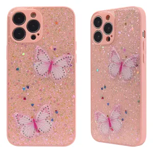 Hızlı teslimat fabrika kılıf koruyucu Glitter epoksi telefon kılıfları ile kelebek süsler Funda iPhone 15 için pro