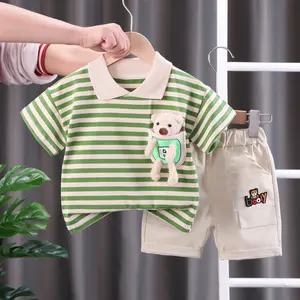 Летние комплекты одежды для маленьких мальчиков: футболка с коротким рукавом и шорты с милым медведем