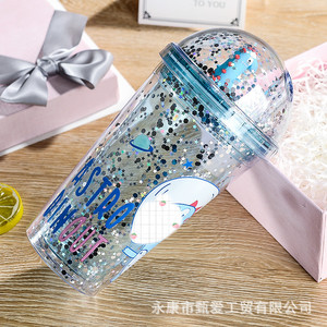 Dinosaur <b>Straw</b> <b>Cup</b> Cartoon Double Layer With Glitter <b>Lid</b> Summer Drink <b>Cup</b> For Kids Party Gift - Product Image 2