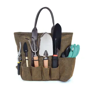 Wear-Resistant Reusable Outdoor Garden Tool Bag Waxed Canvas Tote with Leather Handle
