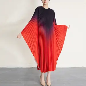 Kaftan Dresses 2023 Latest Design Gradient Color Printing Robe Women Batwing Sleeve Pleated Dress Muslim Plus Size Dress