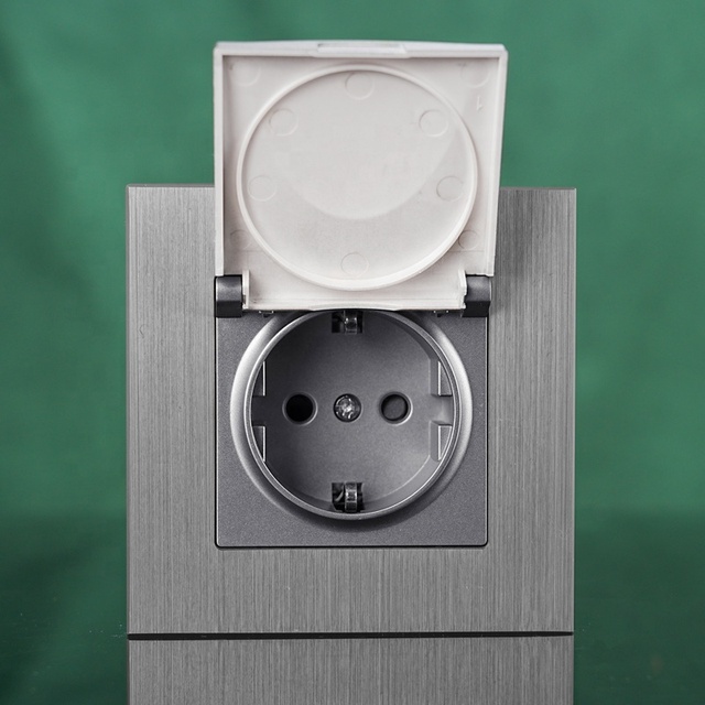 European Standard Grounded Socket Brushed Aluminum Panel German Schuko Outlet Socket With IP44 Waterproof Cover