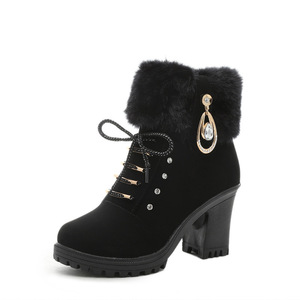 Women's Rhinestone-Embellished Furry Cuff Ankle <b>Boots</b> - Chunky High Heel Booties Winter Fashion Shoes for Women Glamorous Party - Product Image 2
