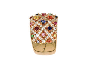 Bague large en or jaune 18 carats sertie de saphirs multicolores et de diamants, bijou de luxe arc-en-ciel pour femme - Product Image 2