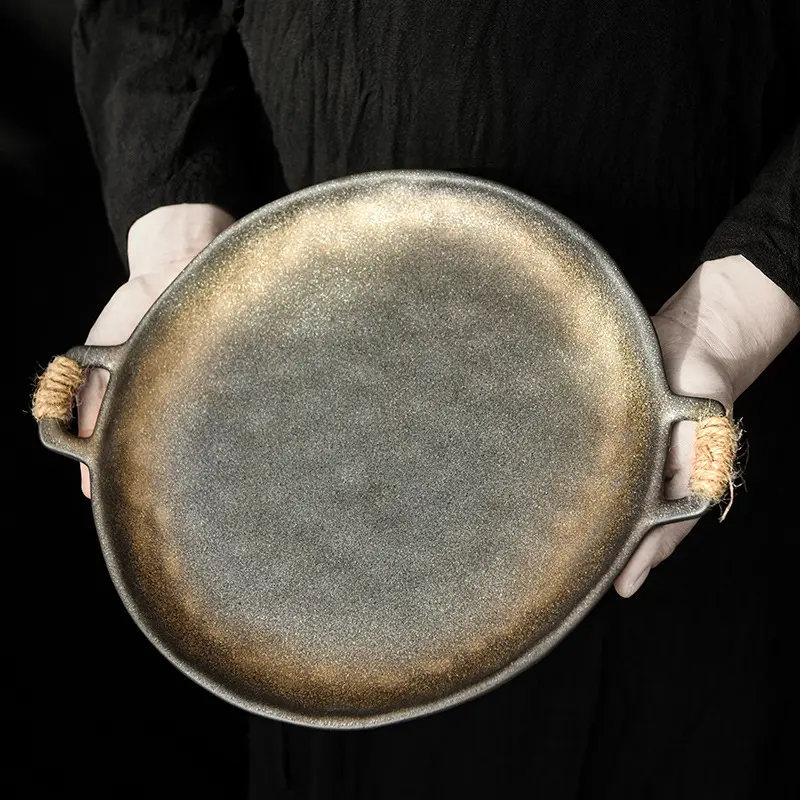 طبق فخار خشن تراثي مصنوع يدويًا طبق ستيك من السيراميك، طبق عشاء غربي، طبق أدوات مائدة من المعكرونة