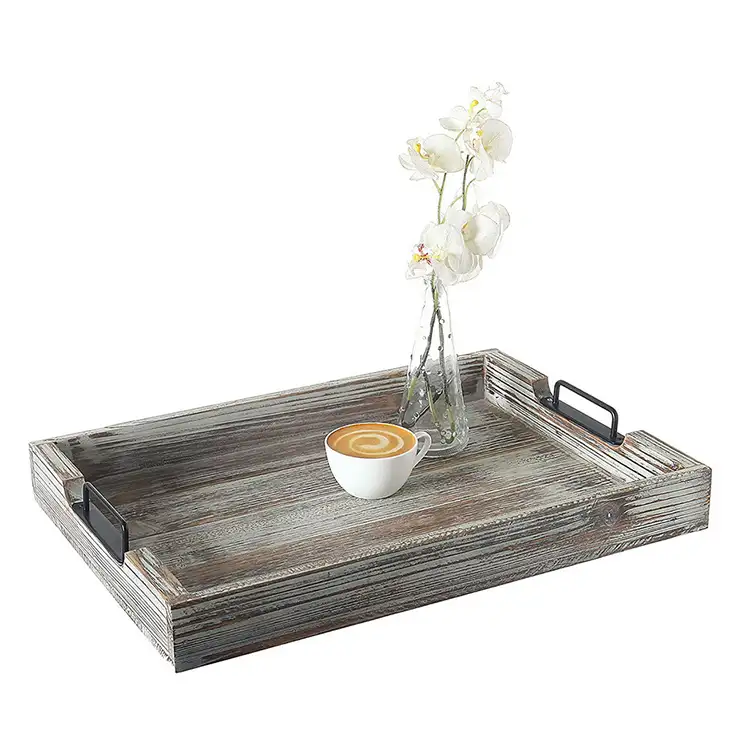 Custom rustic farmhouse decorative snack serving tray wooden coffee tea serving tray with handles