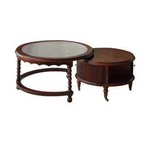 Vintage Round <b>Solid</b> <b>Wood</b> Coffee <b>Table</b> Set With Glass <b>Top</b> Storage For Living Room Retro French Style - Product Image 5
