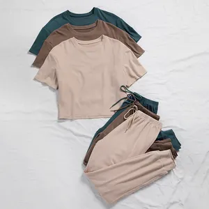 Ropa de salón sólida personalizada, Camiseta corta de verano para mujer con mallas delanteras con lazo, pantalones, conjunto de salón, pijamas para mujer, conjuntos