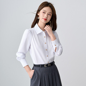 Women's Light Blue Long Sleeve Shirt Solid Color Polyester Poplin Office Wear Formal Blouse - Product Image 3