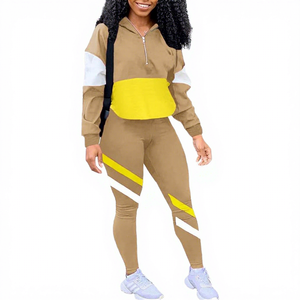 Conjunto Deportivo para Mujer con Bloques de Color, Sudadera con Capucha de Manga Larga y Media Cremallera, con Leggings, Transpirable, Estilo Otoñal - Product Image 1