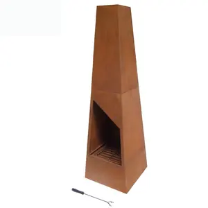 Camino da giardino ruggine campanelli da esterno in acciaio Corten Chimenea in acciaio fatto a mano con <span class=keywords><strong>griglia</strong></span> per barbecue e piramide <span class=keywords><strong>quadrata</strong></span> moderna da Poker - Product Image 1