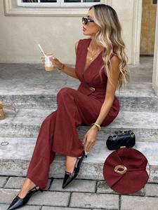 <span class=keywords><strong>Ensemble</strong></span> pantalon et veste sans manches à col en V pour femme, 2 pièces, style européen et américain, personnalisé en usine, teinture unie, printemps/été, usage quotidien, décontracté - Product Image 6