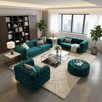 Ensemble de canapés de bureau en velours bleu sarcelle capitonnés, mobilier professionnel pour environnement professionnel avec éclairage d'ambiance doux