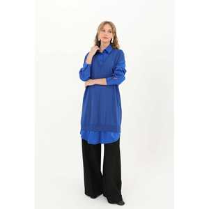 Chemise tunique en tricot pour femme avec col boutonné contrastant, à porter au quotidien, bleu - Product Image 2