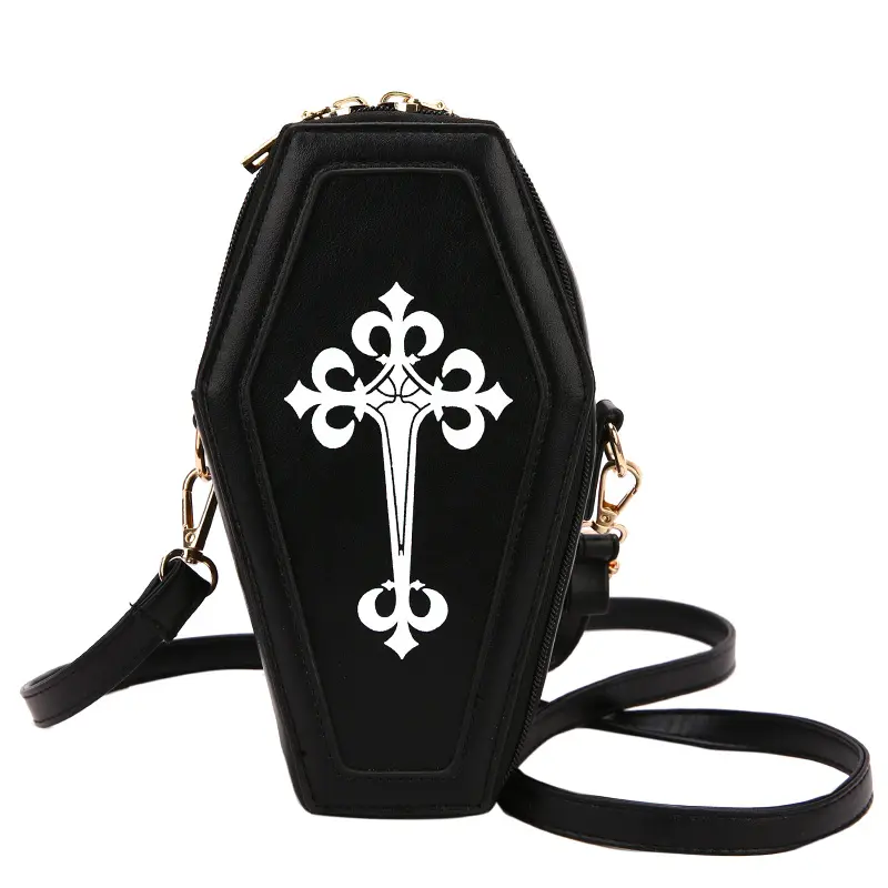 Gothic Cross Shoulder Bag Girls Small Crossbody Bag Handbags for Women Novelty Coffin Shape Halloween Purse