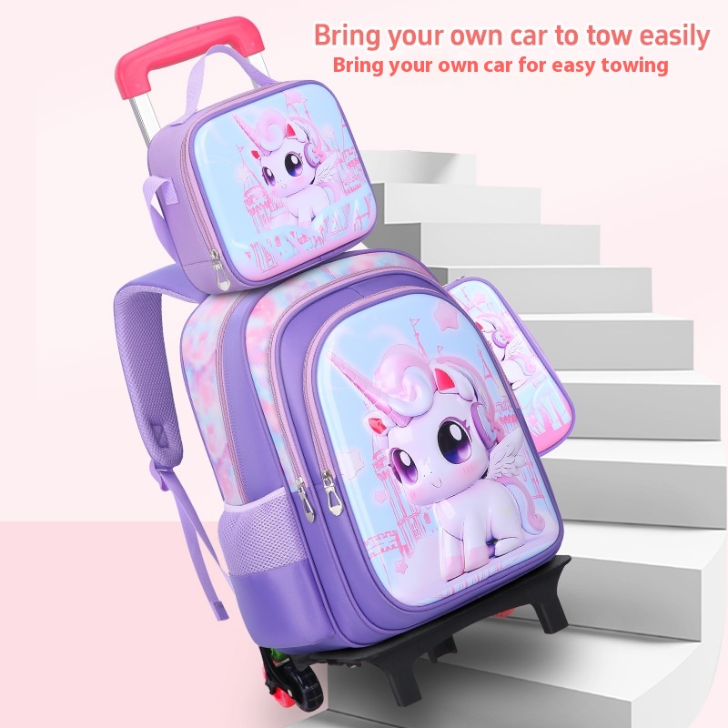 2025 School Bag Set - 3D Leather Trolley with Cartoon Zipper
