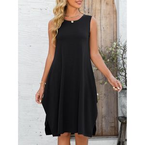 Anrabess Vestido casual fluido sin mangas con dobladillo asimétrico para mujer, corte holgado, cuello redondo, para verano, playa, vacaciones, crucero, corto - Product Image 2