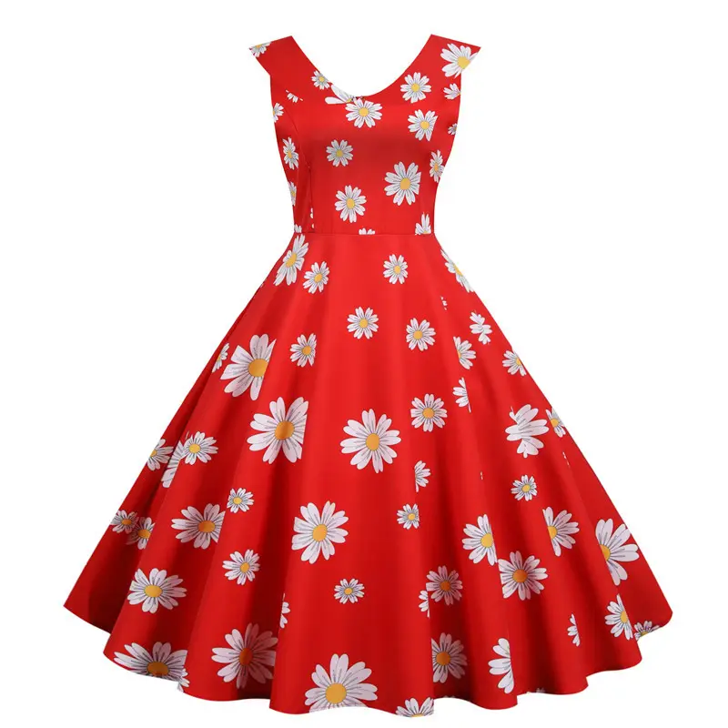 Verão francês Lady Vintage saia Sexy mangas Deep-Veck Retro Daisy Print vestido para as mulheres