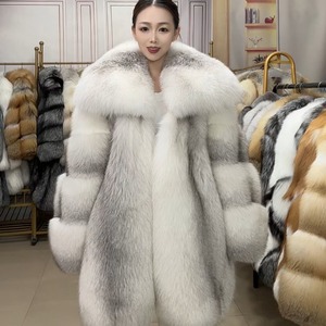 Manteau en vraie fourrure de renard croisé, chaud et moelleux, pour femme, épais, blanc, col châle large, mi-long, veste en fourrure véritable pour l'hiver - Product Image 2