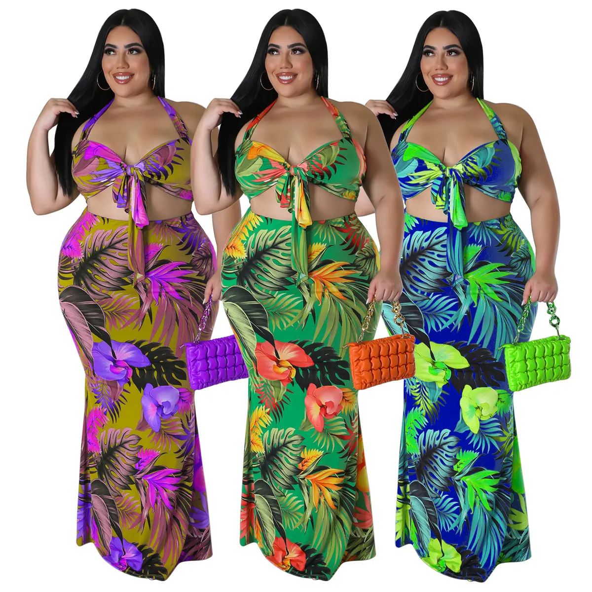 summer swimwear beachwear plus size for women Sexy floral print halterneck tie skirt plus size bathing suits