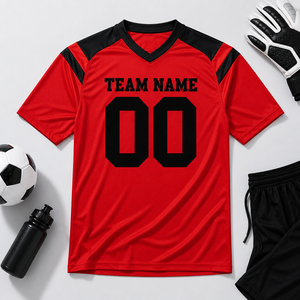 Maillot de football rouge personnalisé pour homme, manches courtes, col en V, impression par sublimation, séchage rapide, nom et numéro de l'équipe 00, taille adulte - Product Image 1