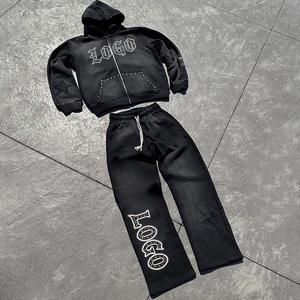 Conjunto de Chándal Vintage para <span class=keywords><strong>Hombre</strong></span> con Estampado de Diamantes de Imitación Personalizado, Lavado Ácido, Sudadera con Cremallera y Pantalones de Chándal, Cortavientos - Product Image 1