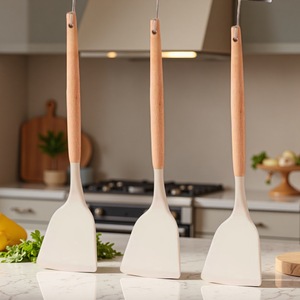 Silicone Spatula with Wooden Handle Heat Resistant Non-Stick Kitchen Cooking Utensil for Stir Frying <b>Hand</b> <b>Wash</b> Only - Product Image 3