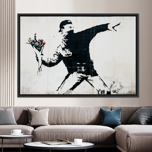 Elegant Banksy Flowers Graffiti Art Printed <b>Canvas</b> Wall Decor,BLACK <b>FRAMED</b> <b>CANVAS</b> - Product Image 3