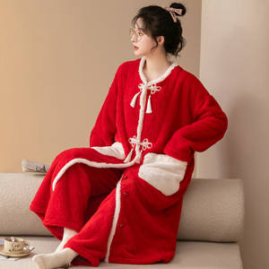 Style chinois corail velours Robe femmes automne hiver long pyjamas fête maison costume avec rembourré chaud grand rouge vêtements de nuit pour femmes - Product Image 5