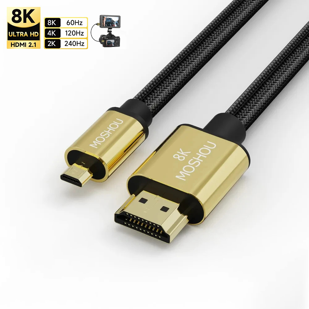 Mikro-HDMI zu HDMI-kompatibles Kabel 2.1 3D 8K 1080P Hochgeschwindigkeitskabel-Adapter für GoPro Hero 7 6 5 Sony A6000 Nikon Canon Kamera