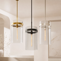 Luminaire suspendu moderne en verre cylindrique transparent avec finition en laiton pour hôtel, salle à manger et îlot de cuisine