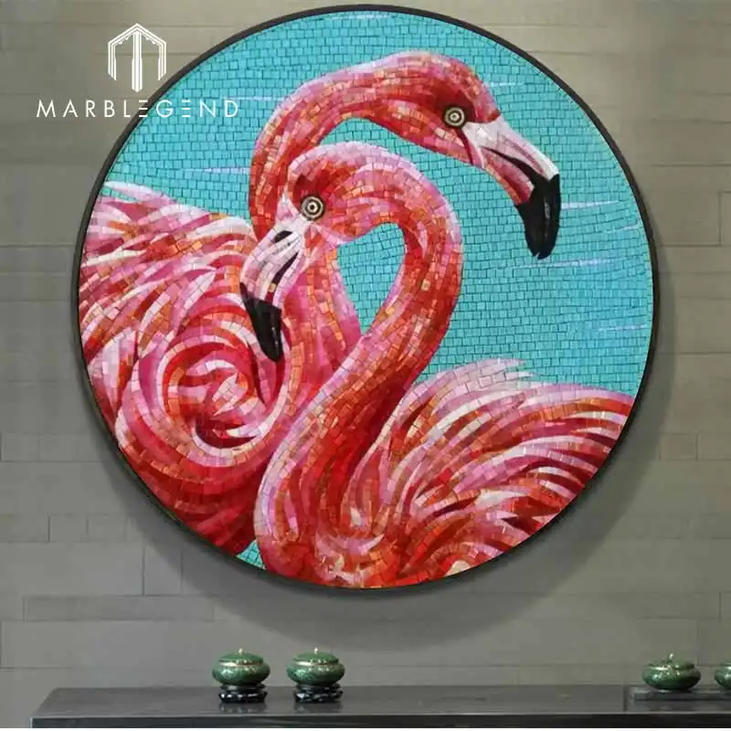 Custom Home decoration mosaic wall hanging ideas ice jade glass mosaic wall flamingo art picture design