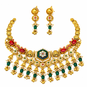 Elegant 925 <b>Silver</b> Temple Necklace and Earrings Set with Green Red Stones Traditional Indian Bridal Jewelry for Women - Product Image 3