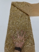 Tissu en dentelle florale brodée de perles et de paillettes vert foncé 100% polyester, élégant et luxueux, pour robe de mariée