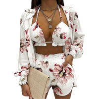 Trendy Çiçek Baskılı 3 Parçalı Set Kadın Yazlık Plaj Tatil Kıyafeti Seksi Halter Crop Top Şort Toptan Giyim Gönderime Hazır