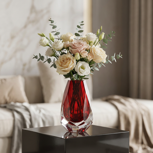 Crystal <b>Vase</b> <b>Red</b> Faceted Geometric Design Handmade Eco-Friendly Wedding Tabletop Decor Modern Style - Product Image 4