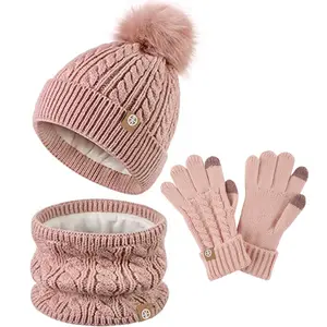 Kinder Winter Warm Set Fleece Futter Mütze Touchscreen Handschuhe Hals Schal Weihnachts mütze Schnee Design Halstuch 3 Stück