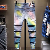 Jeans skinny droits vintage pour hommes, peints sur mesure avec des éclaboussures, effet usé et déchiré, brodés et avec des patchs