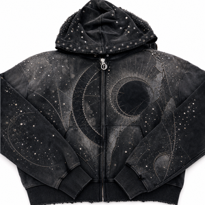 Custom Logo Pure Cotton Zip Up Hoodie Vintage Applique Embroidery Hot Fix Rhinestone Private Label Streetwear Men Hoodie - Product Image 2