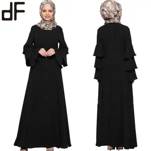 Vestido abaya turco feminino, vestido mangas alargadas 3 camadas vestido para festa à noite vestido preto abaya