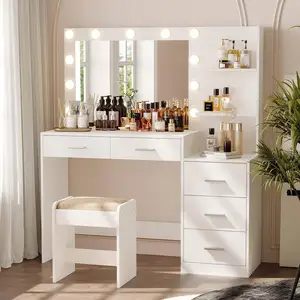 Modern beyaz Vanity masası soyunma masa seti makyaj Vanity masası ayna ve sandalye ile