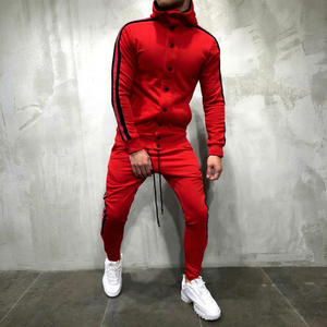 Ensemble survêtement homme nouveau style, pantalon de jogging taille élastique et veste coupe droite style bomber, col à capuche, adulte, uni, 100% coton - Product Image 1