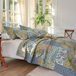 Juego de Edredón 100% Algodón, <span class=keywords><strong>Verde</strong></span>, Patchwork, Reversible, Ligero, Cubrecama, 2 Fundas de Almohada Rellenas de Poliéster, Juego de Cama de 3 Piezas - Product Image 2