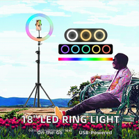 Lampu Cincin LED 18 Inci 10W Dapat Diredupkan Lampu Selfie Isi Ulang Daya USB Penyangga Ponsel Portabel Kontrol Kabel Bahan ABS 2700K-7000K